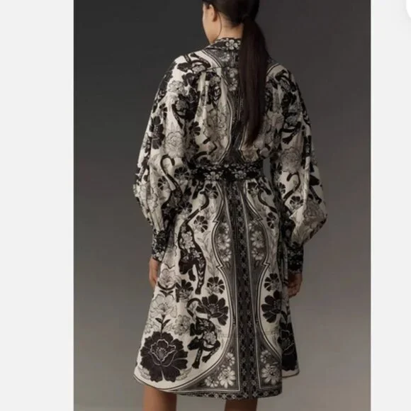 Farm Rio Anthropologie Long-Sleeve Collared Midi Shirt Dress Black White XS NWT
